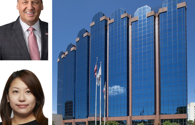 KBS CEO and Eastern Regional President Marc Deluca, Prime US REIT CFO Cindy Teo, and One Washingtonian Center in Gaithersburg, Md.