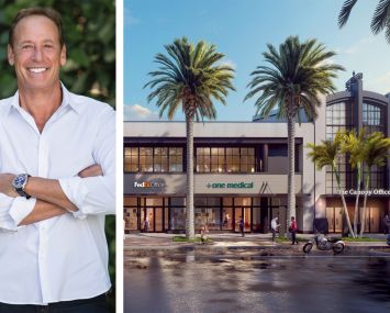 Michael Comras, President and CEO of The Comras Company, and a rendering of the Canopy Offices in Coconut Grove, Fla.