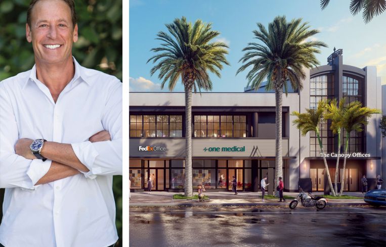 Michael Comras, President and CEO of The Comras Company, and a rendering of the Canopy Offices in Coconut Grove, Fla.