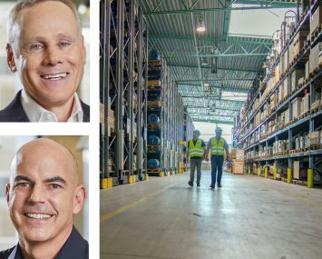 Michael Frankel and Howard Schwimmer, co-CEOs of Rexford Industrial Realty, and the inside of a warehouse.