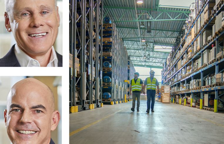 Michael Frankel and Howard Schwimmer, co-CEOs of Rexford Industrial Realty, and the inside of a warehouse.