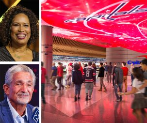 Washington D.C. Mayor Muriel Bowser; Monumental Sports Founder, Chairman and CEO Ted Leonsis; and a rendering of the proposed changes to CapitalOne Arena.