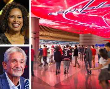 Washington D.C. Mayor Muriel Bowser; Monumental Sports Founder, Chairman and CEO Ted Leonsis; and a rendering of the proposed changes to CapitalOne Arena.