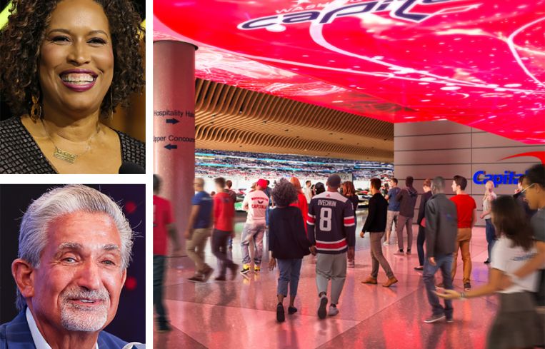 Washington D.C. Mayor Muriel Bowser; Monumental Sports Founder, Chairman and CEO Ted Leonsis; and a rendering of the proposed changes to CapitalOne Arena.