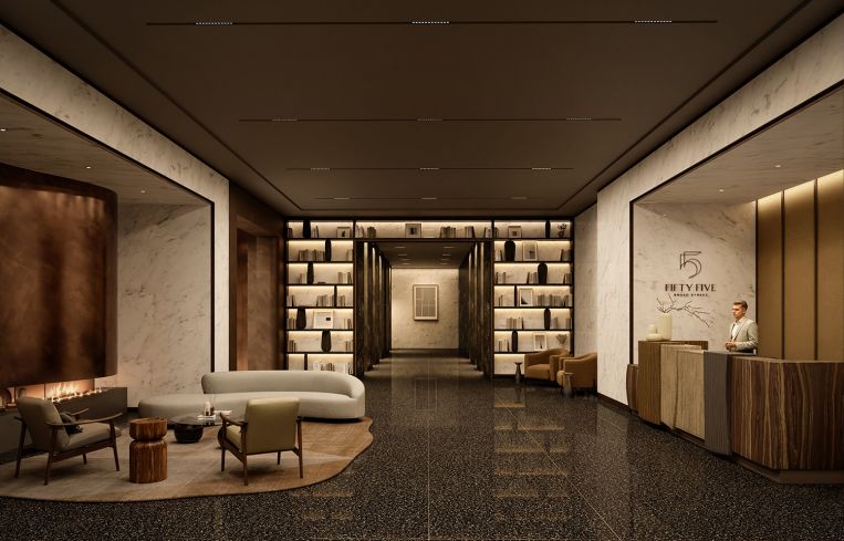 A rendering of the new lobby at 55 Broad Street.