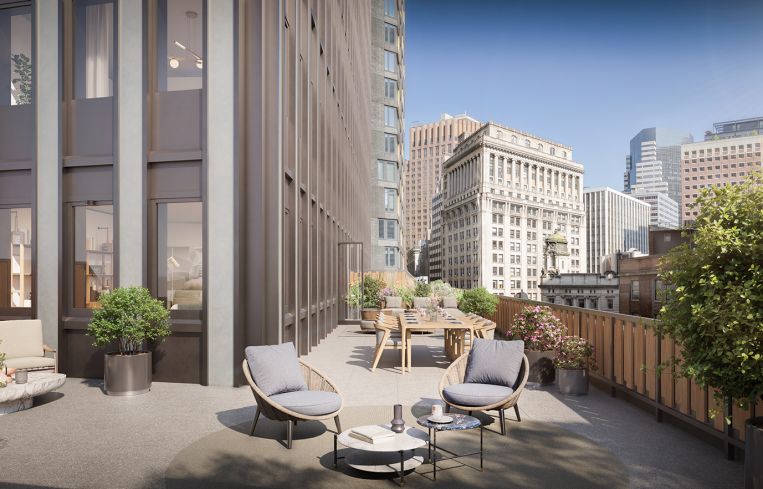 A rendering of an outdoor terrace at 55 Broad Street.