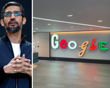 Sundar Pichai, CEO of Google, and the interior of a Google office.