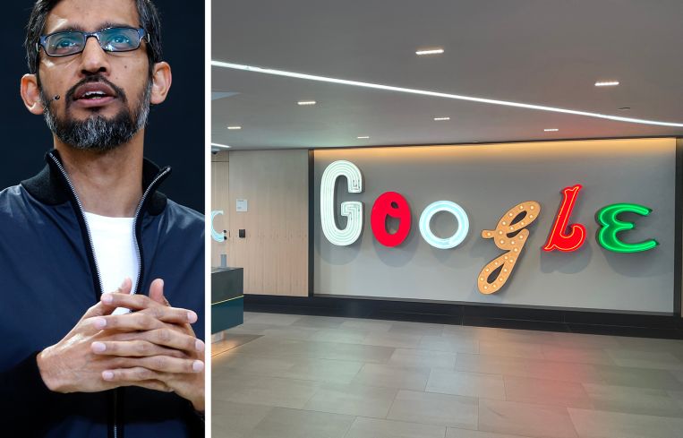 Sundar Pichai, CEO of Google, and the interior of a Google office.