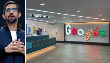 Sundar Pichai, CEO of Google, and the interior of a Google office.