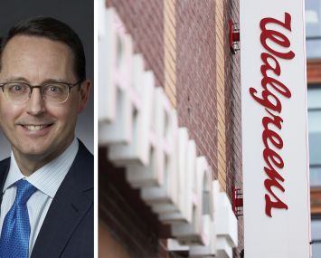 Walgreens Boots Alliance CEO Tim Wentworth and a Walgreens sign in Brooklyn.