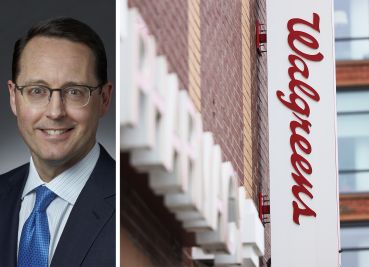 Walgreens Boots Alliance CEO Tim Wentworth and a Walgreens sign in Brooklyn.