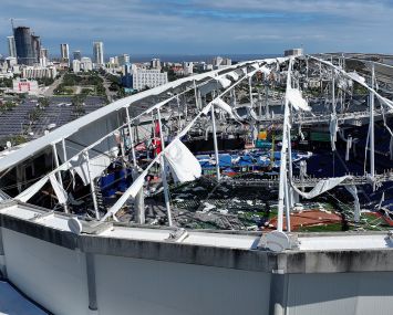 Hurricane Milton ripped the roof off the Tampa Bay Rays’ Tropicana Field (top left) in St. Petersburg, Fla. The team can repair it, or relocate to a temporary venue ahead of its new stadium complex.