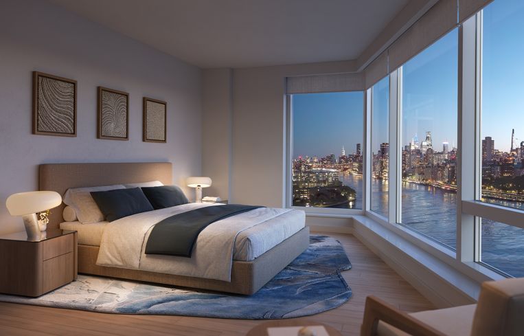 A rendering of the bedroom in 20 and 30 Hallets Point.