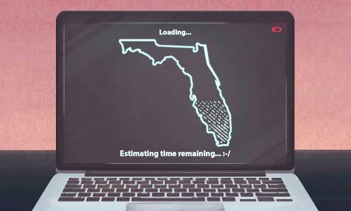 Image of a map of Florida on a laptop computer screen, and the image of Florida is taking forever to load.