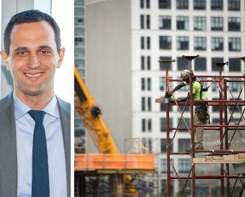 Zachary Steinberg, REBNY senior vice president of policy. A construction worker builds scaffolding in Manhattan.
