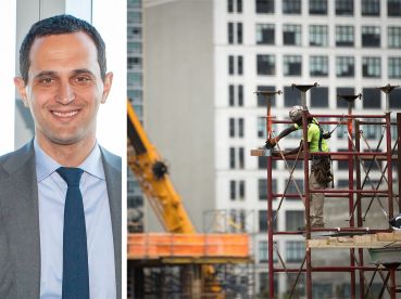 Zachary Steinberg, REBNY senior vice president of policy. A construction worker builds scaffolding in Manhattan.