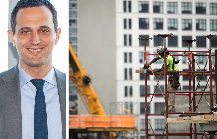 Zachary Steinberg, REBNY senior vice president of policy. A construction worker builds scaffolding in Manhattan.