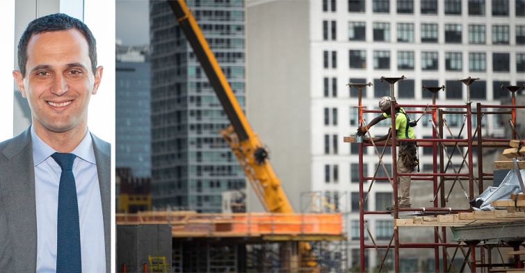 Zachary Steinberg, REBNY senior vice president of policy. A construction worker builds scaffolding in Manhattan.