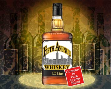 An illustration of a liquor bottle that reads "Fifth Avenue Whiskey".