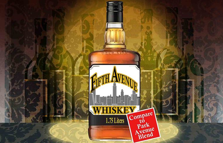 An illustration of a liquor bottle that reads "Fifth Avenue Whiskey".