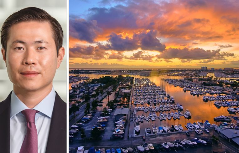 Andrew Chen, Head of Real Estate at Beach Point Capital Management, and a view of Marina Del Rey in California.
