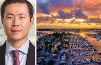 Andrew Chen, Head of Real Estate at Beach Point Capital Management, and a view of Marina Del Rey in California.