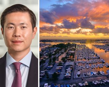 Andrew Chen, Head of Real Estate at Beach Point Capital Management, and a view of Marina Del Rey in California.