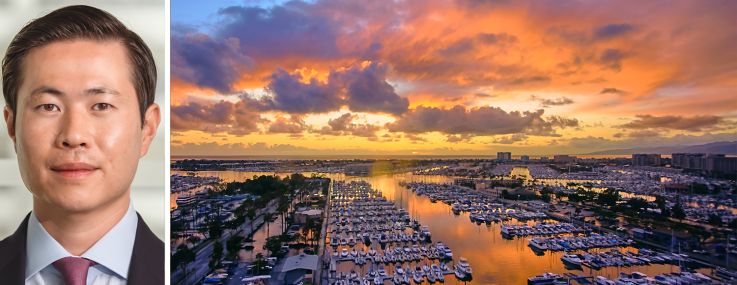 Andrew Chen, Head of Real Estate at Beach Point Capital Management, and a view of Marina Del Rey in California.