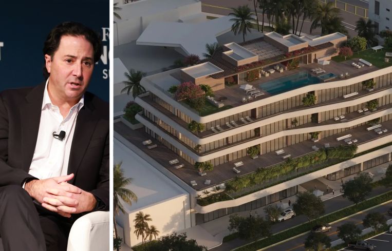 Ares CEO Michael Arougheti; rendering of Eighteen Sunset in Miami Beach.