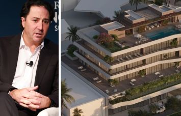Ares CEO Michael Arougheti; rendering of Eighteen Sunset in Miami Beach.