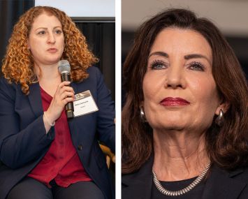 Basha Gerhards, senior vice president of planning, from REBNY, and New York Governor Kathy Hochul.