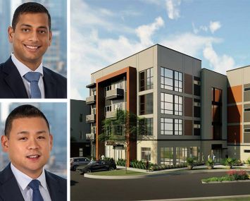 Brandon Baksh and Brian Lee of Dwight Capital, and a rendering of the Millennium Village apartment in Garland, Texas.