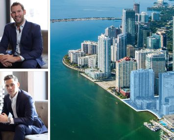 David Weitz and Erik Rutter of Oak Row Equities, and an aerial view of Brickell, with 1001 and 1111 Brickell Bay Drive being highlighted in blue.