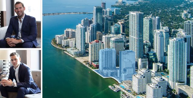 David Weitz and Erik Rutter of Oak Row Equities, and an aerial view of Brickell, with 1001 and 1111 Brickell Bay Drive being highlighted in blue.