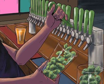 Illustration of a hand pulling a beer tap, and marijuana comes out instead of beer.
