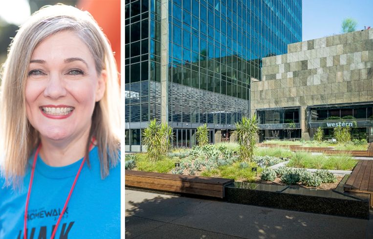 Elise Buik, President and CEO of United Way of Greater Los Angeles, and 515 South Figueroa Street in Downtown L.A.