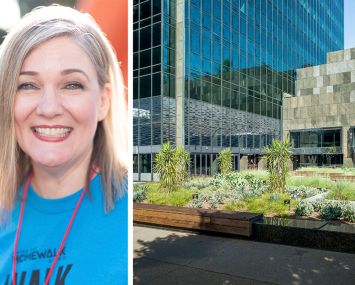 Elise Buik, President and CEO of United Way of Greater Los Angeles, and 515 South Figueroa Street in Downtown L.A.