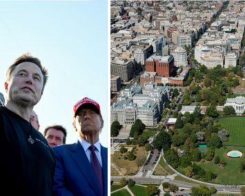 Elon Musk, President-Elect Donald Trump, and an aerial view of Washington D.C.