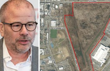 NYCEDC President & CEO Andrew Kimball; Map of Former Flushing Airport Site in Queens, NY