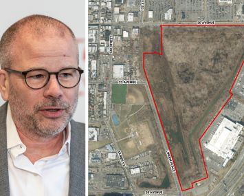 NYCEDC President & CEO Andrew Kimball; Map of Former Flushing Airport Site in Queens, NY