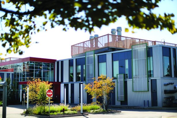 Exterior of a glass-clad building. 