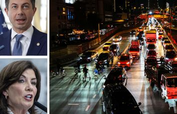 U.S. Secretary of Transportation Pete Buttigieg; New York Governor Kathy Hochul; and a traffic jam near the Queensboro Bridge in Manhattan.