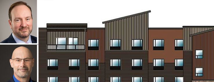 Chris Calahan, president and CEO of X-Caliber Capital; Jordan Blanchard, co-founder of X-Caliber Rural Capital; Sal Tarsia, managing partner of CastleGreen Finance; and a rendering for the planned Holiday Inn Express in Silverthorne, Colo.