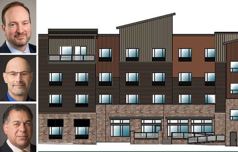 Chris Calahan, president and CEO of X-Caliber Capital; Jordan Blanchard, co-founder of X-Caliber Rural Capital; Sal Tarsia, managing partner of CastleGreen Finance; and a rendering for the planned Holiday Inn Express in Silverthorne, Colo.