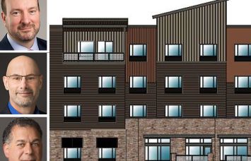 Chris Calahan, president and CEO of X-Caliber Capital; Jordan Blanchard, co-founder of X-Caliber Rural Capital; Sal Tarsia, managing partner of CastleGreen Finance; and a rendering for the planned Holiday Inn Express in Silverthorne, Colo.