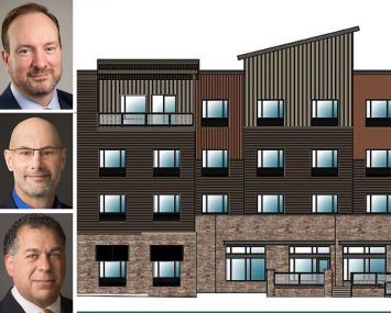Chris Calahan, president and CEO of X-Caliber Capital; Jordan Blanchard, co-founder of X-Caliber Rural Capital; Sal Tarsia, managing partner of CastleGreen Finance; and a rendering for the planned Holiday Inn Express in Silverthorne, Colo.