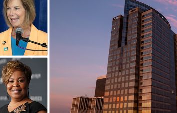 Los Angeles County CEO Fesia Davenport, L.A. County Supervisor Janice Hahn, and the Gas Co. Tower