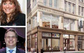 Executive Director and CEO of MoMath Cindy Lawrence, Chairman of MoMath John Overdeck, and a rendering of 635 Avenue of the Americas.