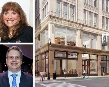 Executive Director and CEO of MoMath Cindy Lawrence, Chairman of MoMath John Overdeck, and a rendering of 635 Avenue of the Americas.