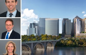 Penzance partner John Kusturiss; Victor Tolkan and Julia Springer, founders and managing partners of Penzance; and a rendering of the new residential towers in Rosslyn, Va.